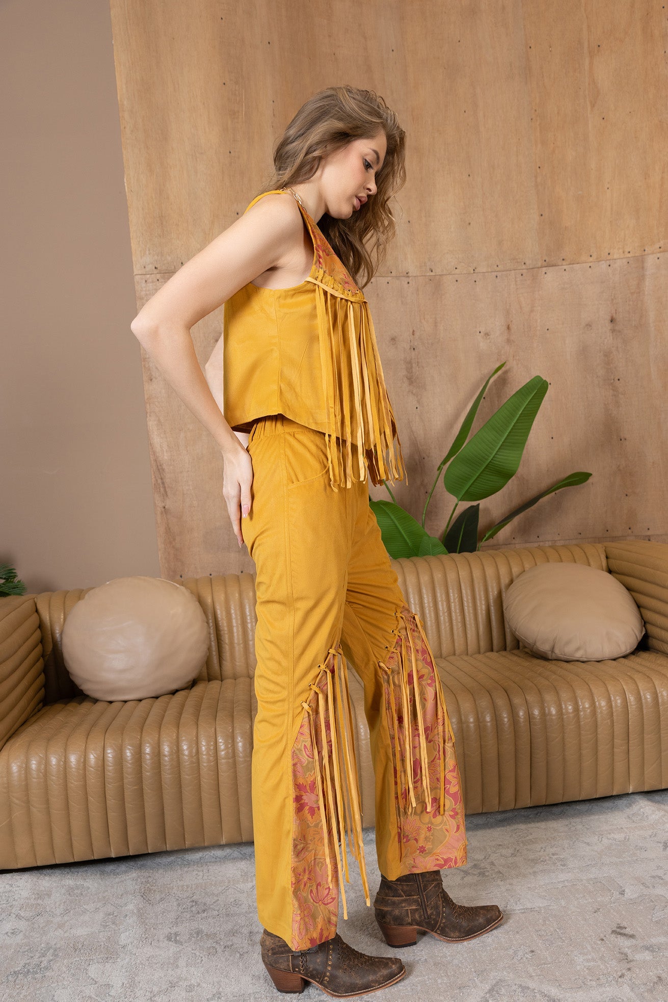 The Jolene Fringe Two Piece Set in Saddle Gold
