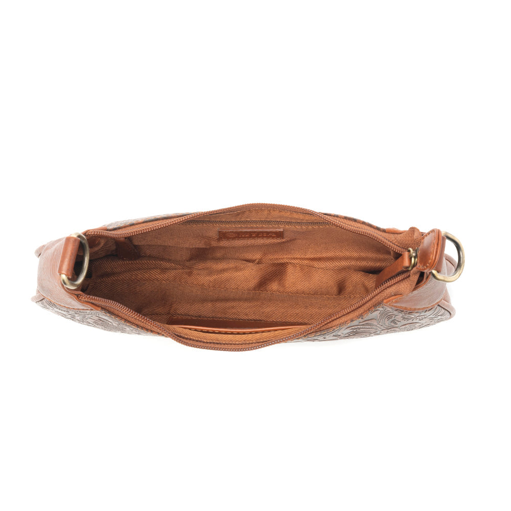 Myra Heritage Vine Embossed Leather Bag for Women in Brown with shoulder strap