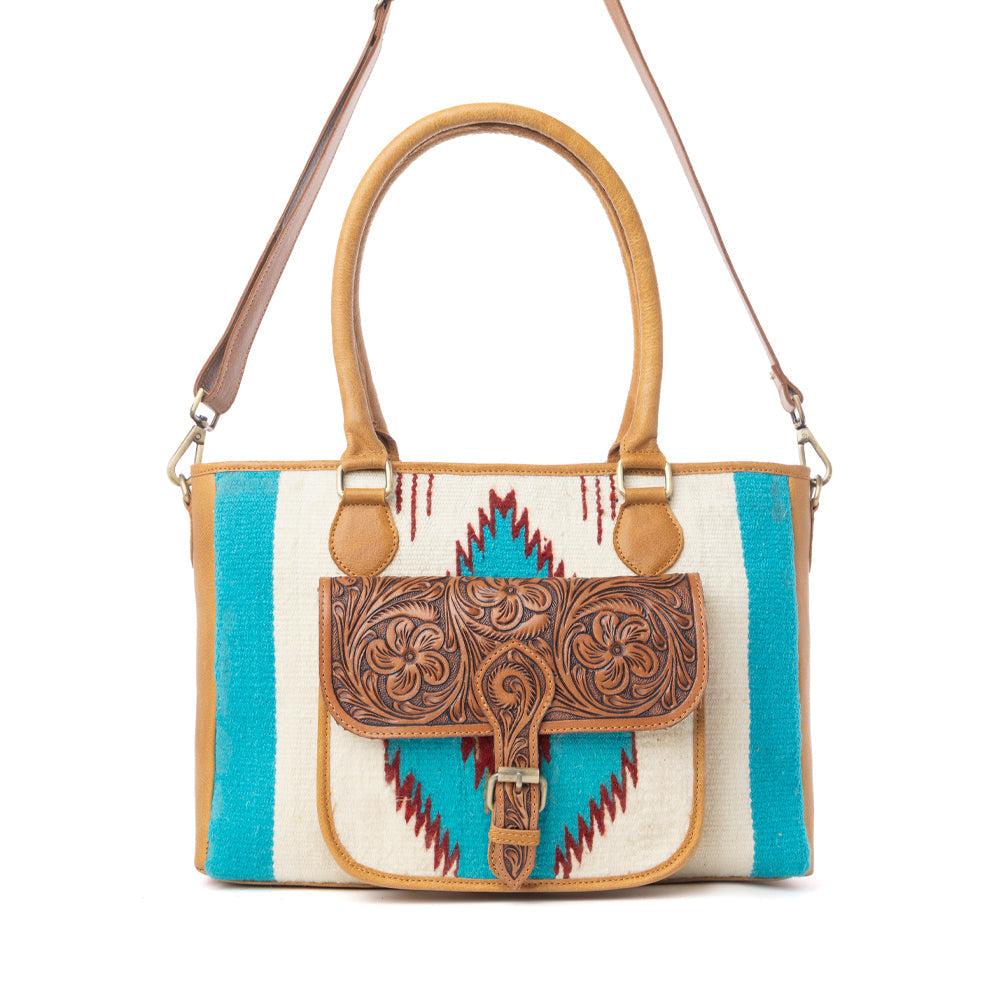 Myra Prairie Aztec Hairon Leather Bag with Front Pocket in Canyon Teal