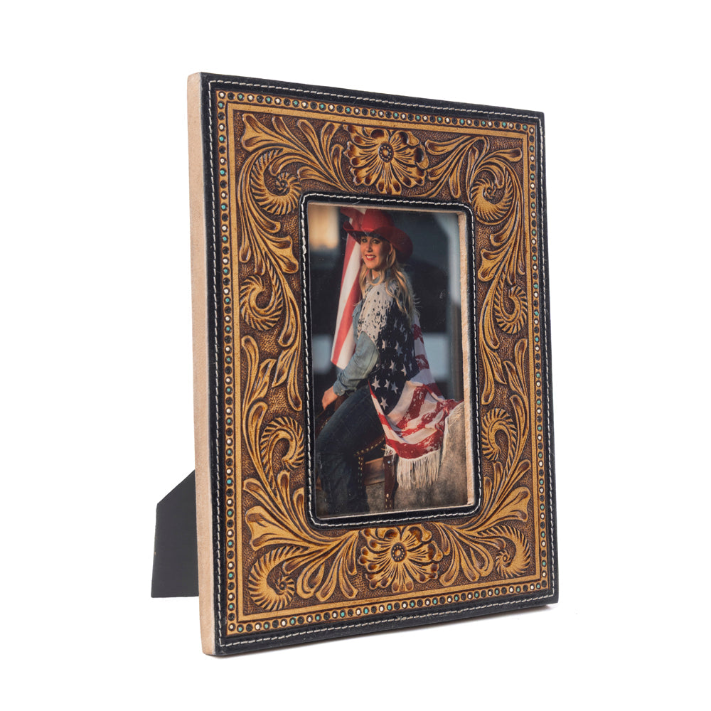 Myra Bordertown Handtooled Leather Photo Frame in brown, premium western home décor