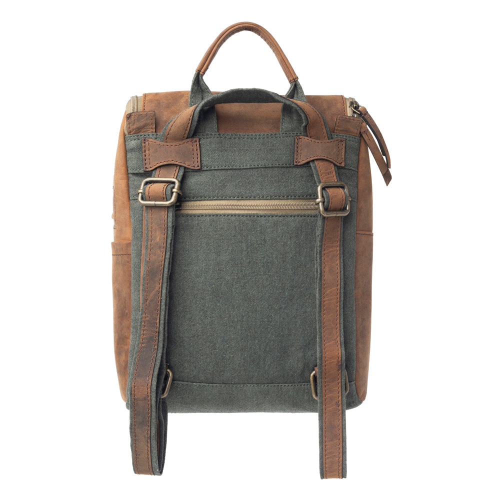 Myra Carriage Port Slimline Backpack - Aged Leather Flap, Rustic Daypack for Daily Commute & Outdoor Travel