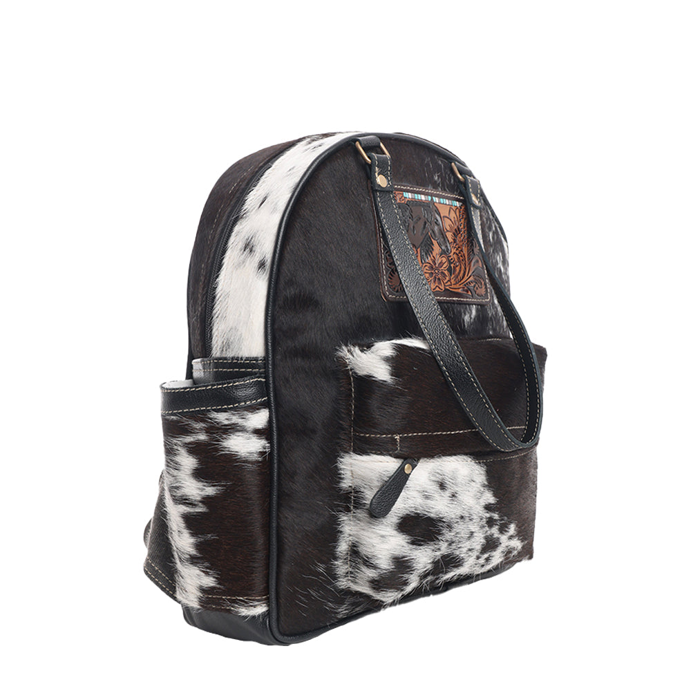 Myra My Vista Hairon Leather Backpack – Dual Handles, Floral Tooled Patch, Spacious Compartments