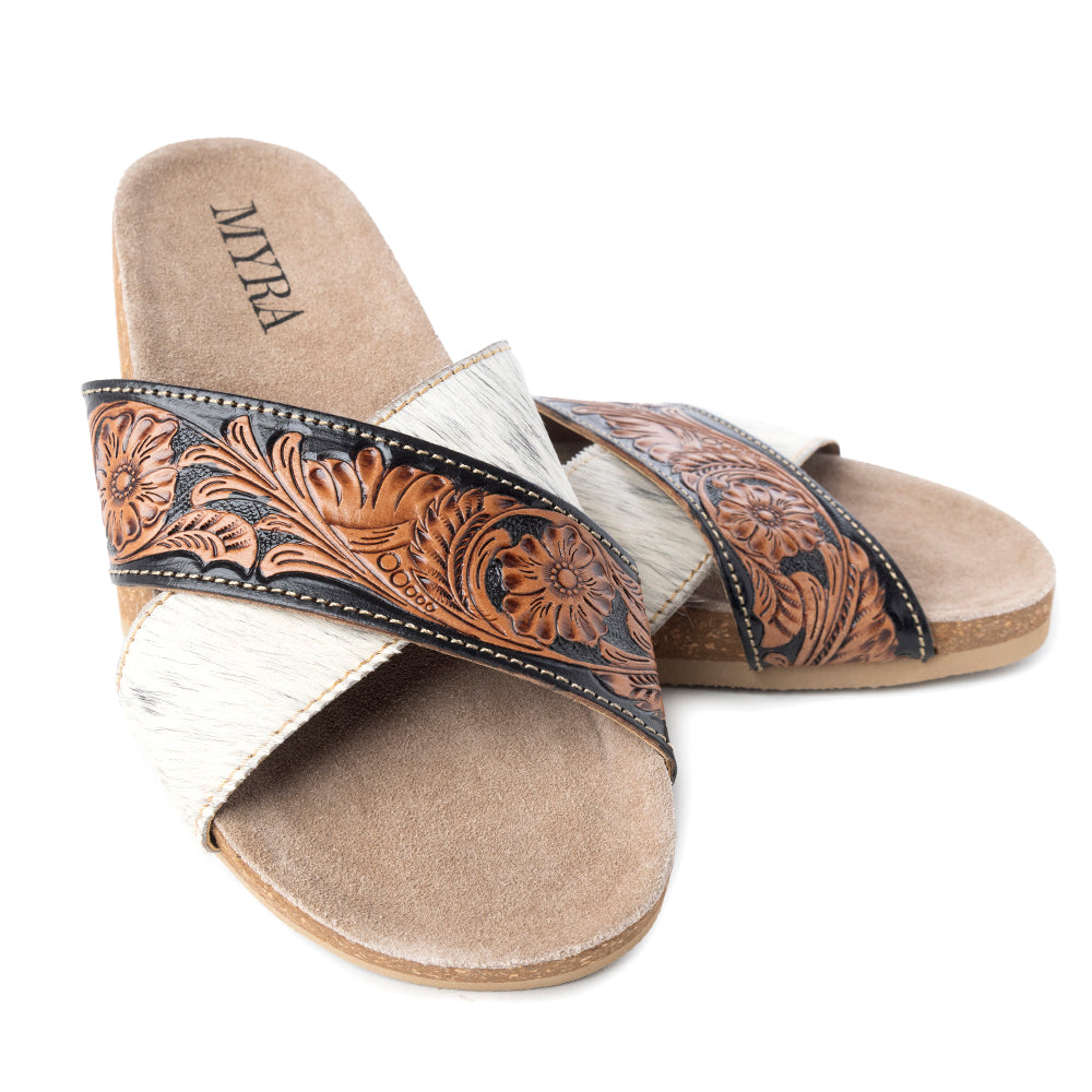Myra Nevada Handtooled Leather Flats for Women - Double-Strap Sandals with Cushioned Cork Sole for Rodeo Chic Comfort