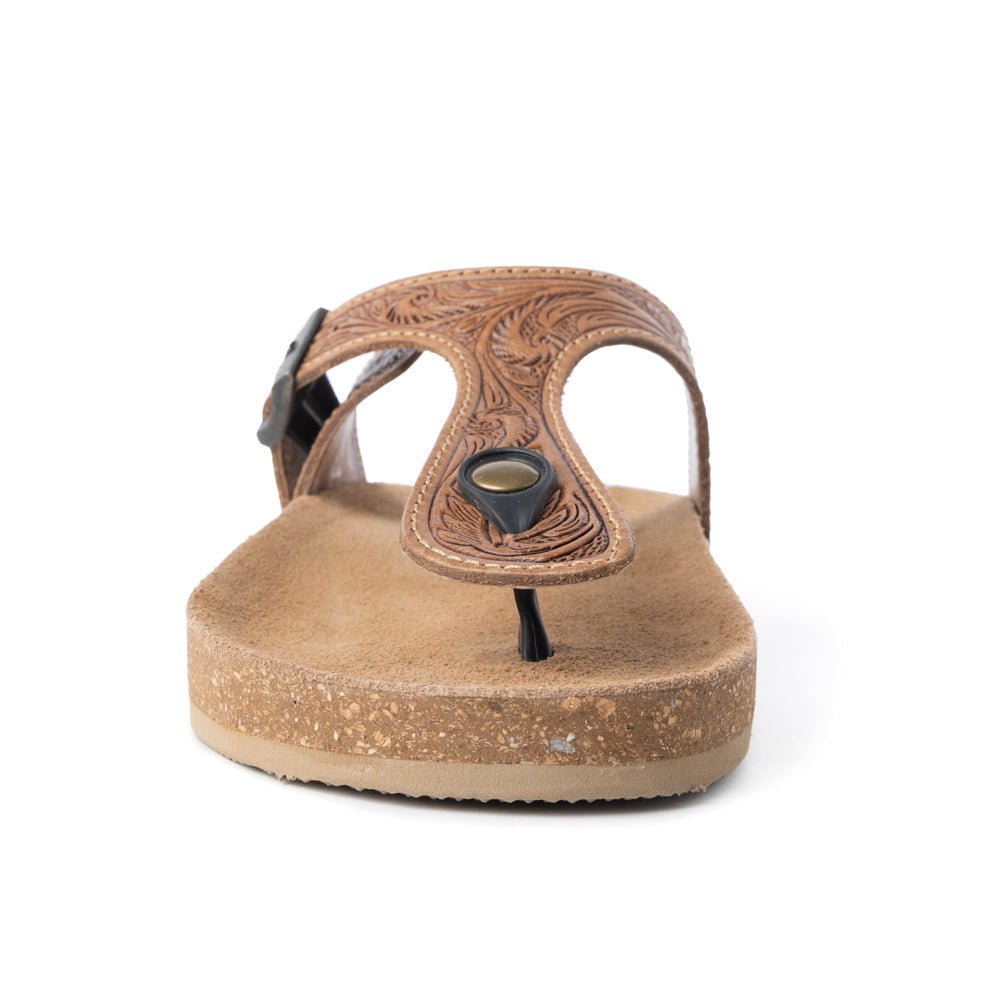 Myra Sadie Mesa Leather Slides for Women - Cushioned Cork Sole, Floral Tooled Finish for Everyday Elegance